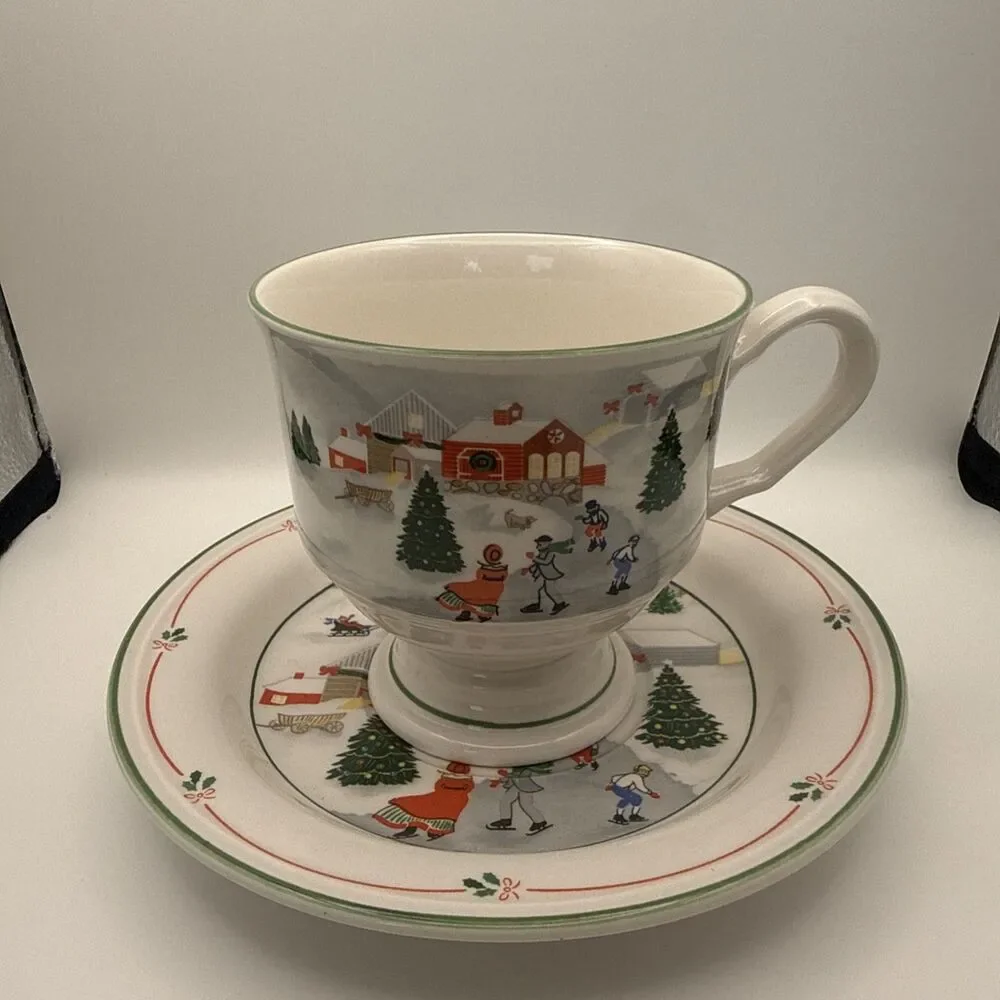 Vintage Sango Silent Night Christmas Teacup w. Saucer 1980s Holiday Ice Skate